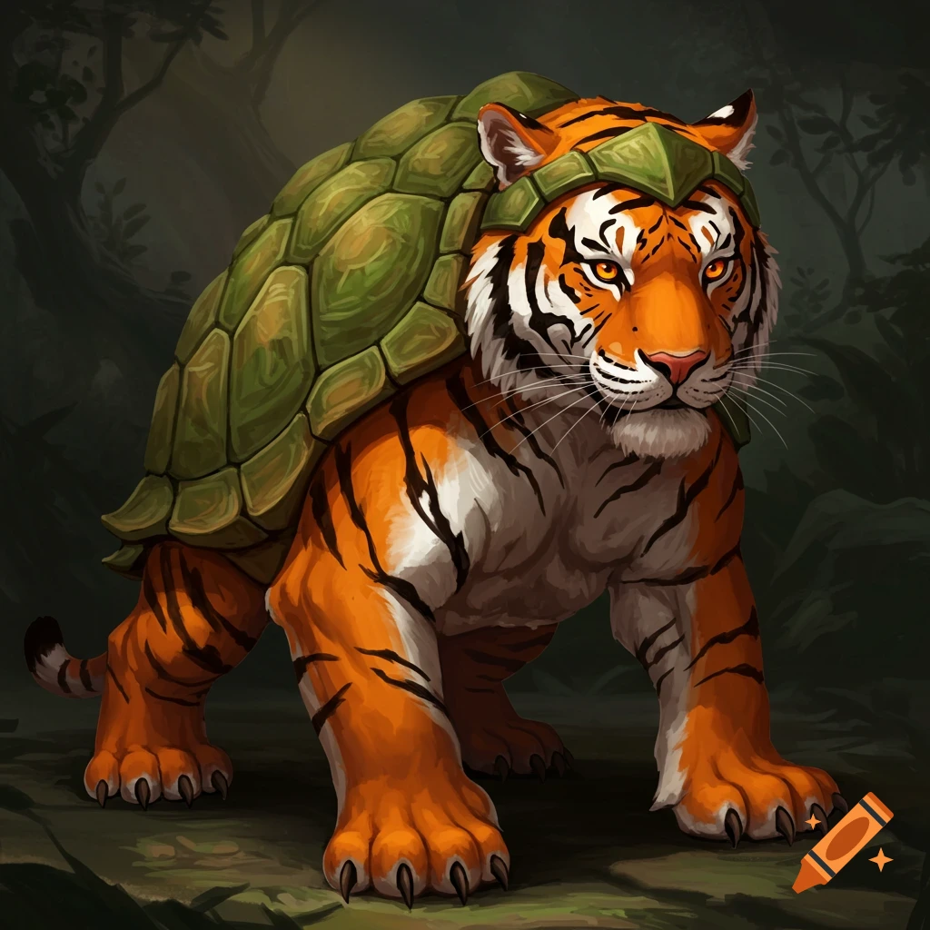 Fantasy illustration of a tiger creature with a large turtle shell on its back, standing in a forest.