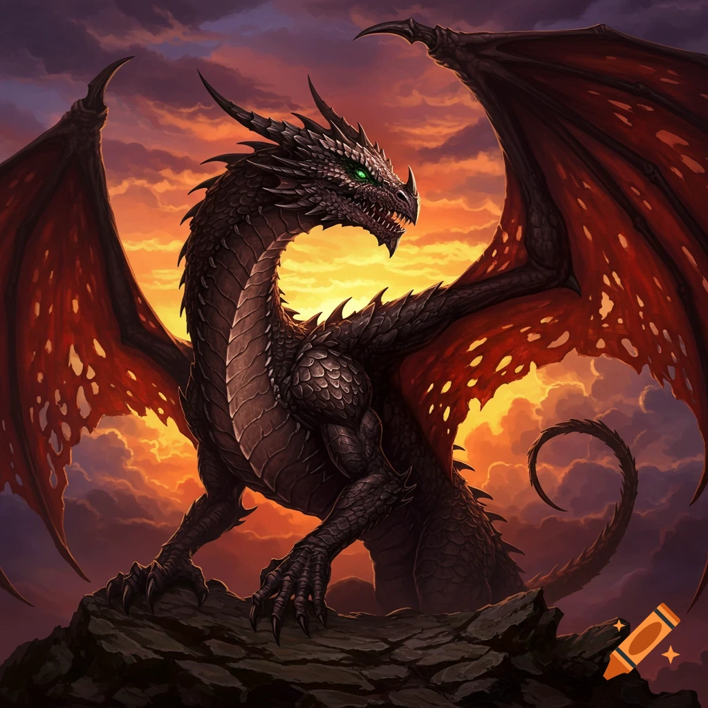 An oil painting of a black dragon with red wings perched on rocks at sunset.