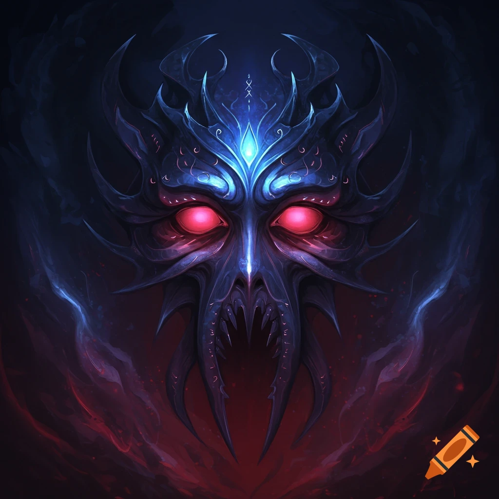 A dark, stylized mask with glowing red eyes and sharp features, set against a smoky background.