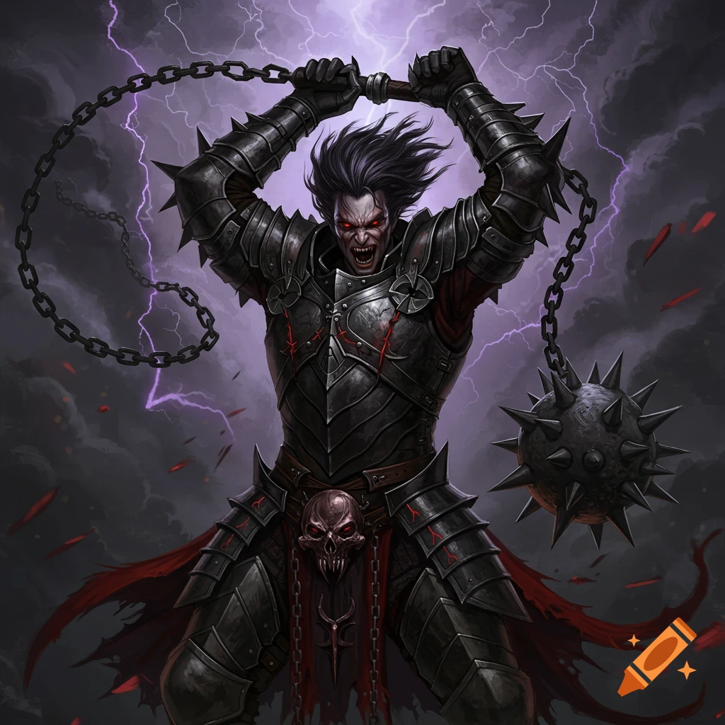 Dark fantasy illustration of an evil knight with red eyes swinging a flail under a lightning sky.