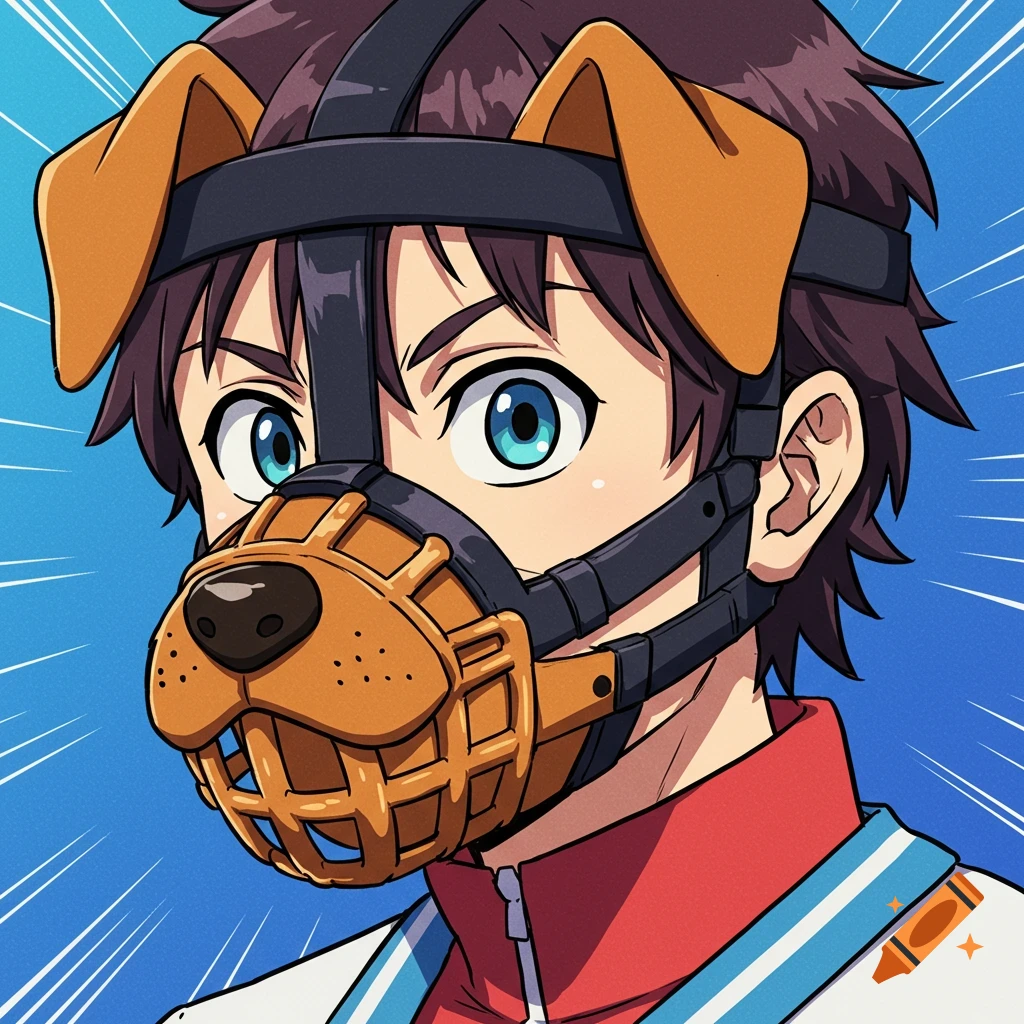 Anime close-up of a person wearing a dog muzzle mask and dog ears