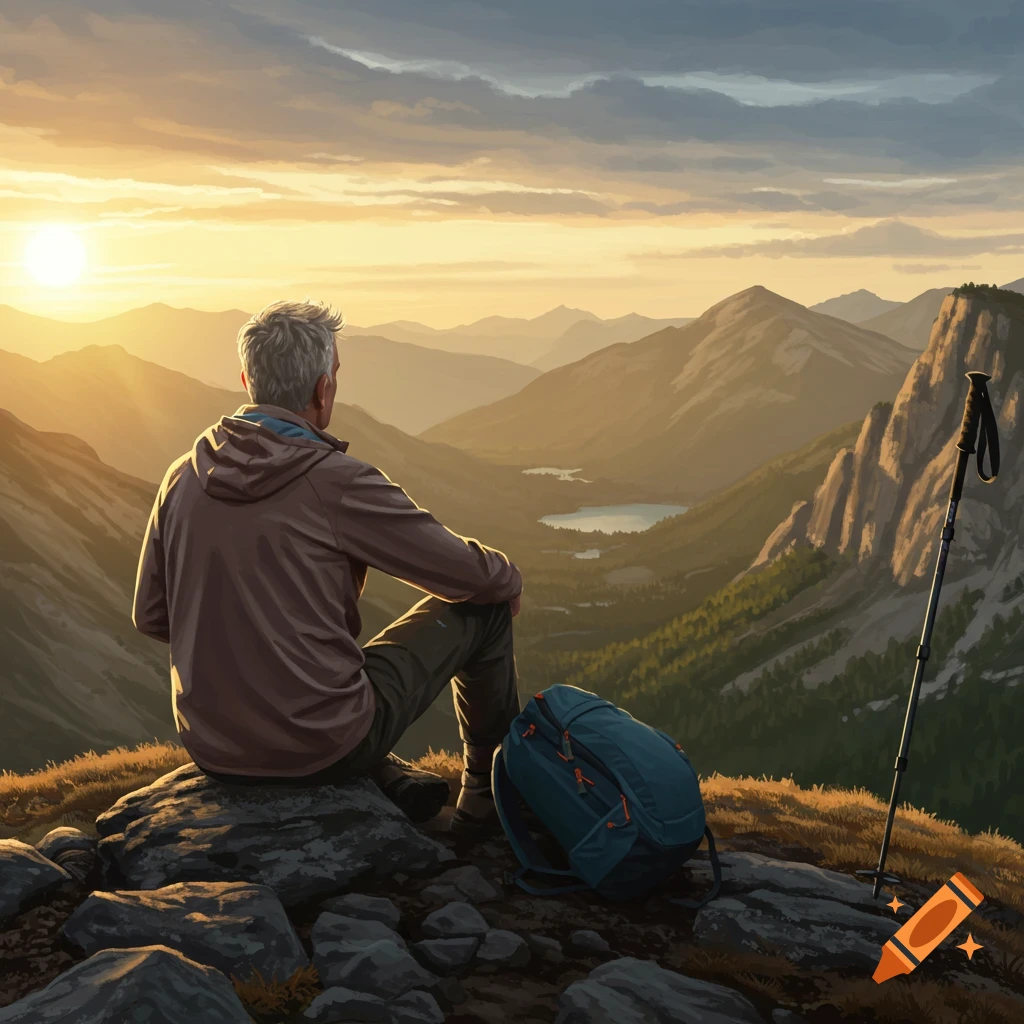 Man sits on mountain peak watching sunset over valley with backpack and trekking pole.