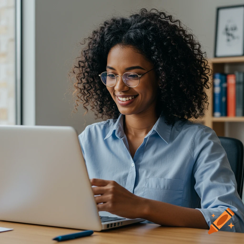 A smiling woman with glasses sits at a desk working on a laptop.