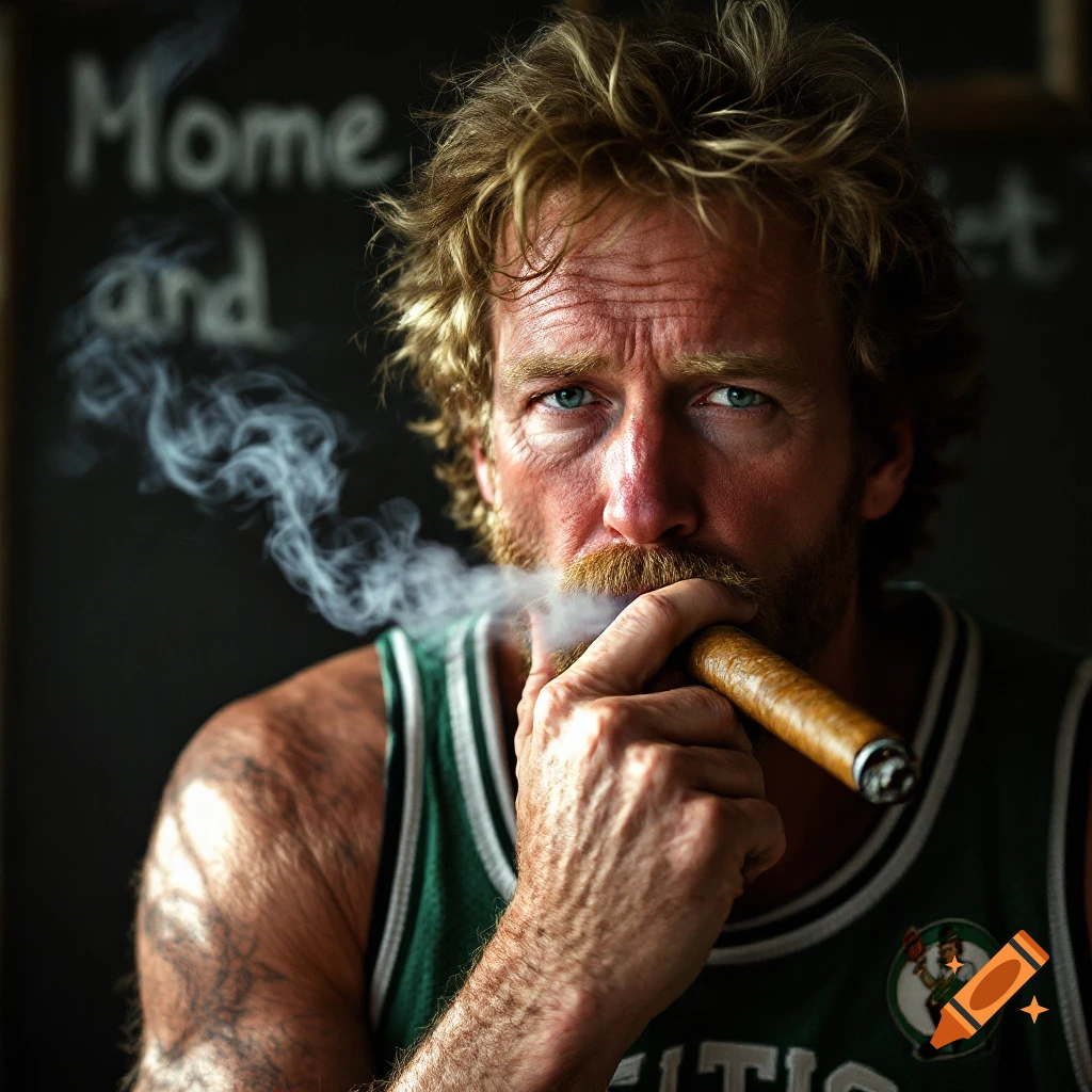 A photorealistic portrait of a man in a Boston Celtics jersey smoking a cigar.