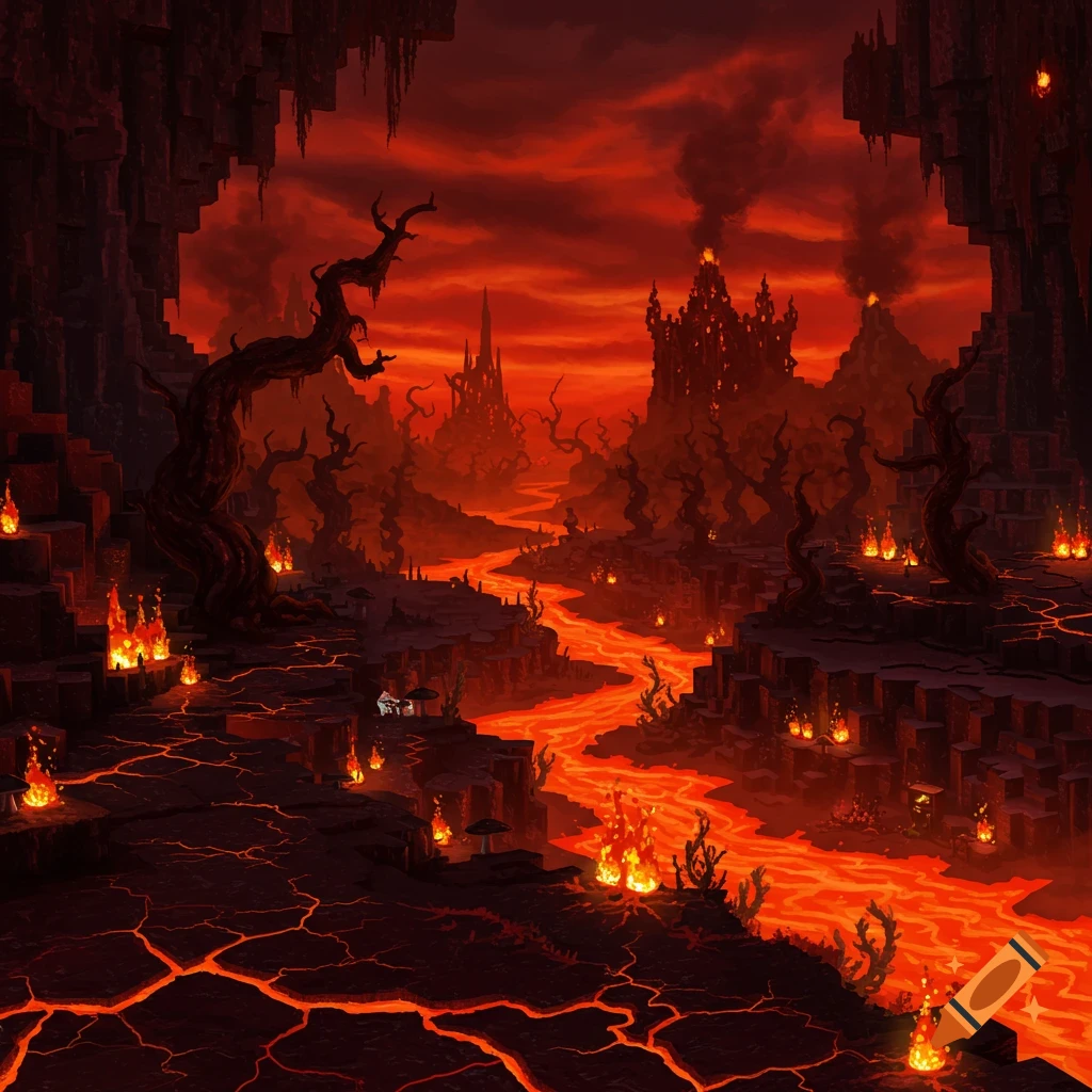 A dark fantasy landscape depicts a hellish realm with a glowing river of lava, cracked ground, twisted trees, and ominous structures under a fiery red sky.