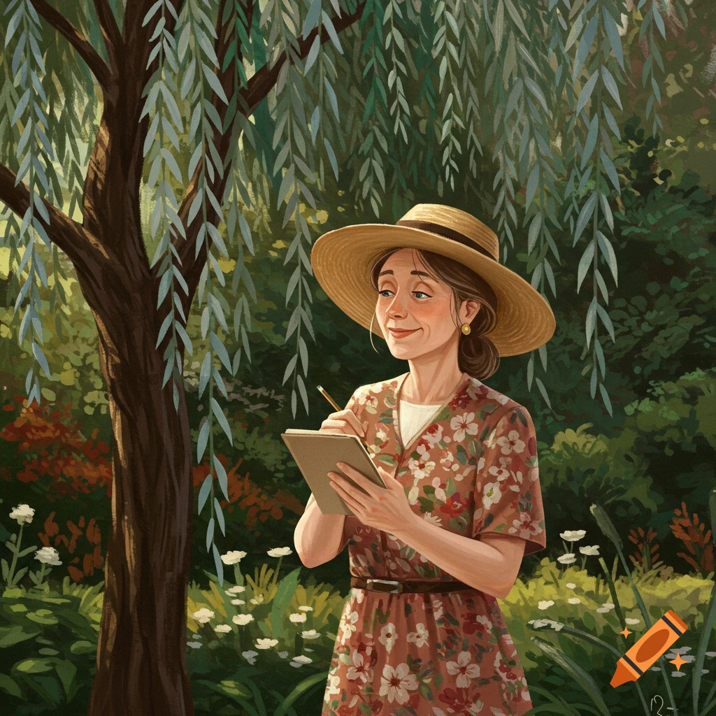 Illustration of a woman sketching in a garden with a weeping willow tree.