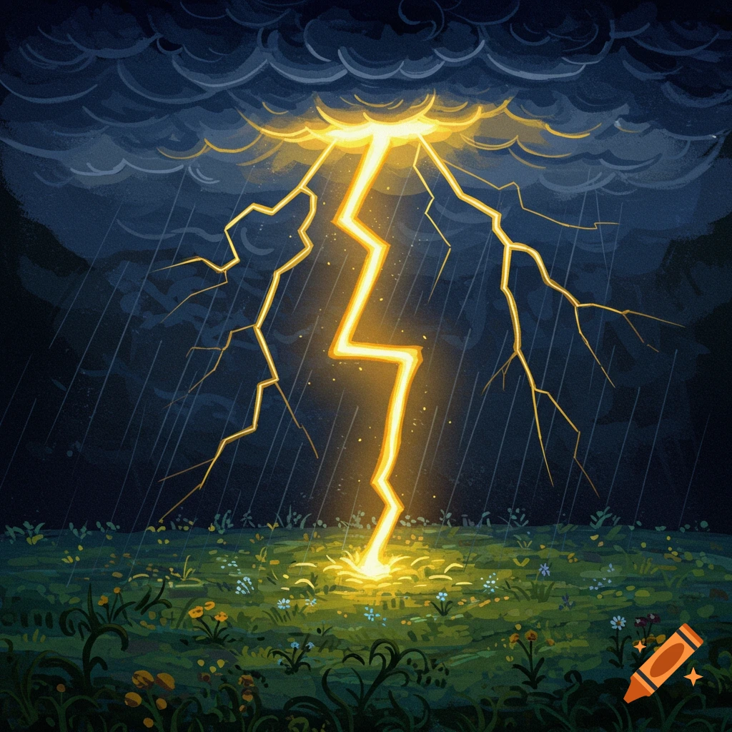 A stylized illustration of a bright yellow lightning bolt striking a green field during a dark rainstorm.