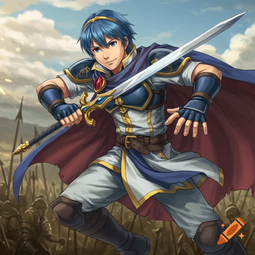 Anime illustration of Marth, a blue-haired warrior, holding a sword on a battlefield.