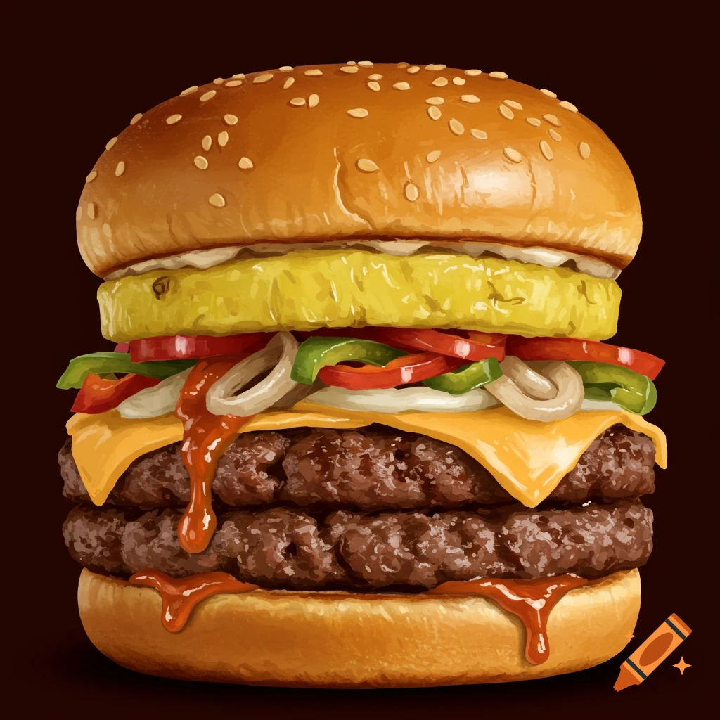 An illustrated close-up of a large, stacked burger with patties, cheese, pineapple, and vegetables, dripping sauce.