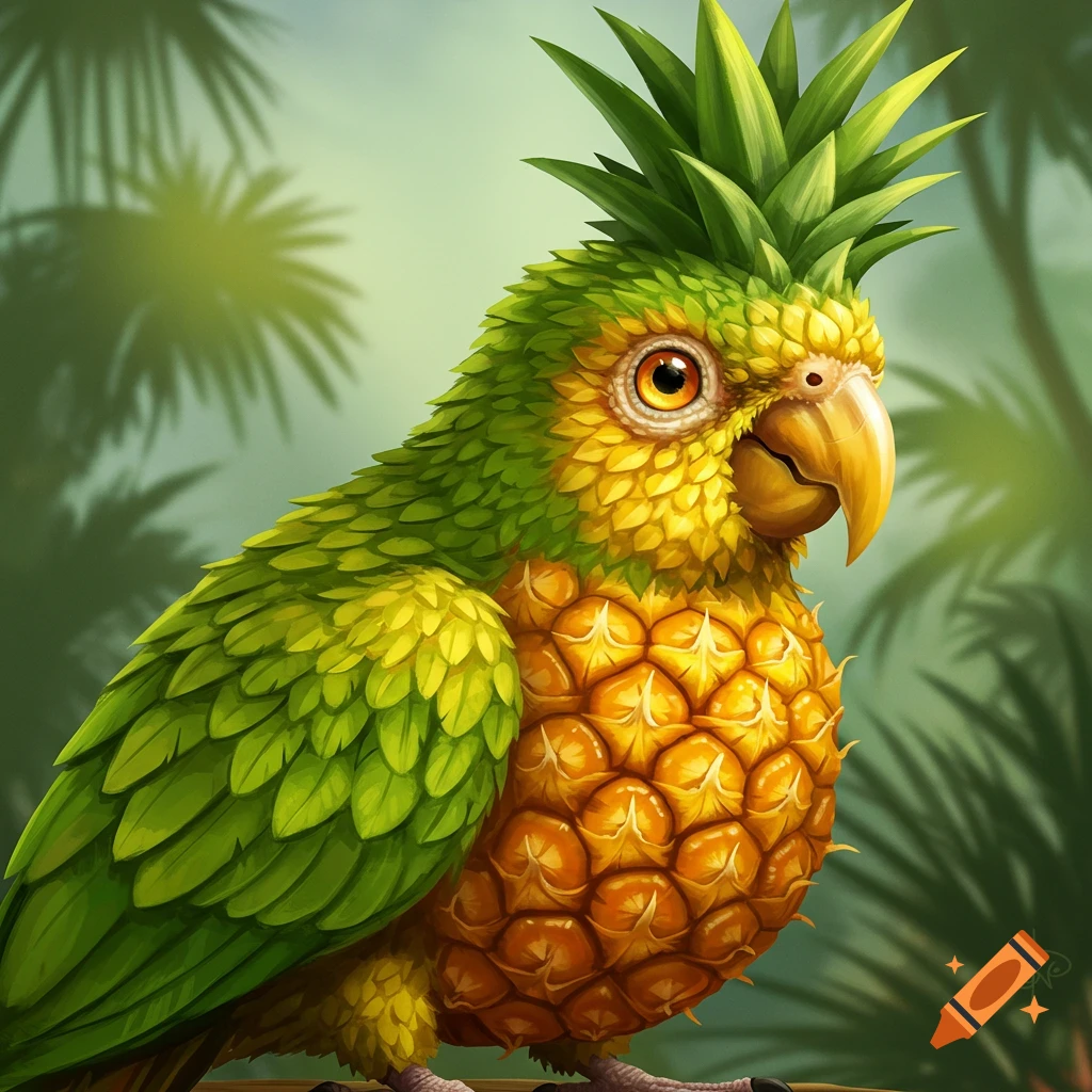 A creature that is a hybrid of a parrot and a pineapple stands in a jungle.