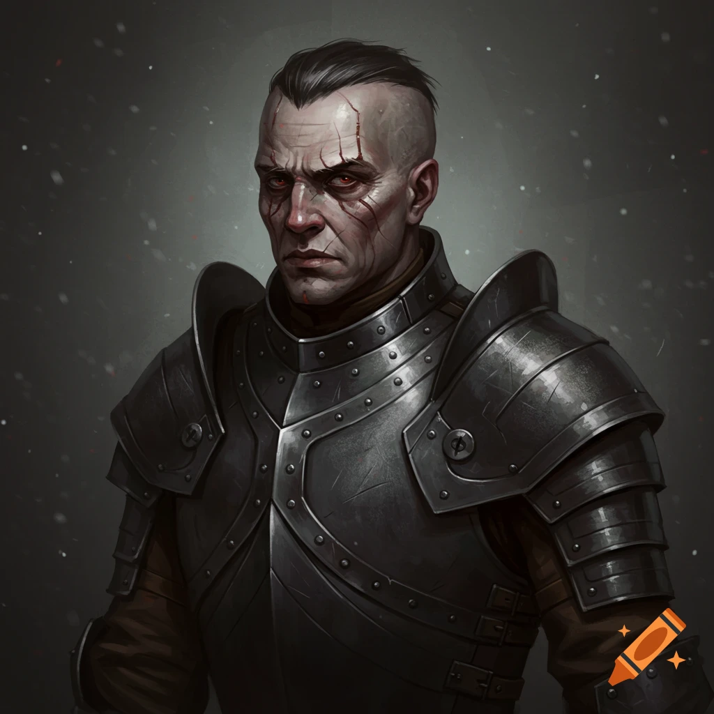 A close-up portrait of a rugged warrior with facial scars wearing dark, metallic armor.