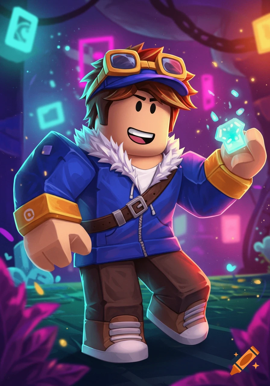 A stylized Roblox-like character holds a glowing gem in a vibrant, futuristic environment.