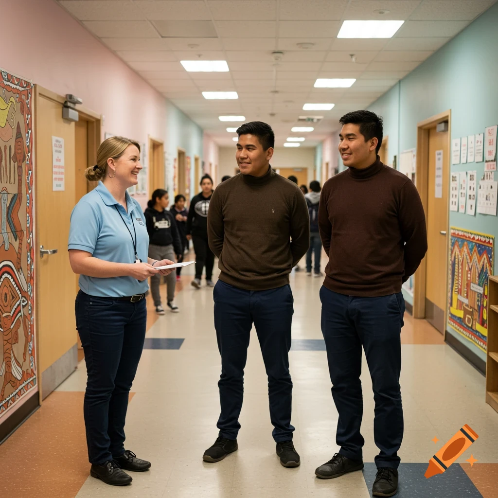A woman talks to two men in a school hallway