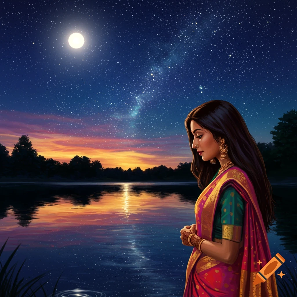 Indian woman in a sari stands by a lake under a starry night sky with moon reflection.