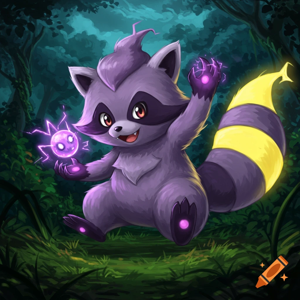 Cartoon purple raccoon-like creature holding a glowing electric orb in a forest.