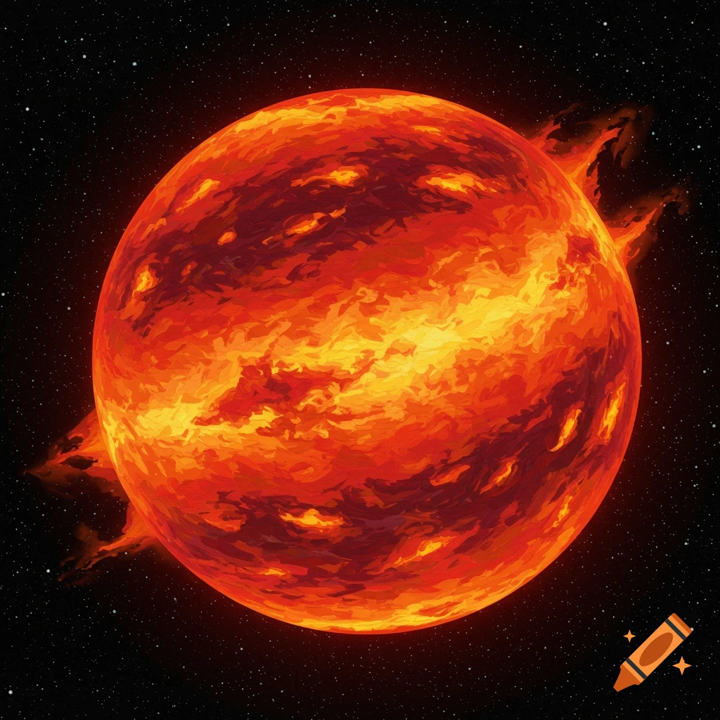 A fiery orange and red planet against a starry black background.