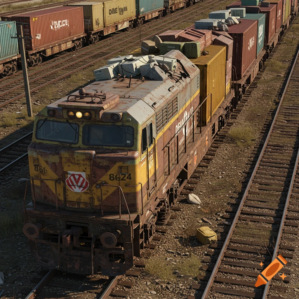 A rusty train engine pulls cargo containers down a track in a railyard.
