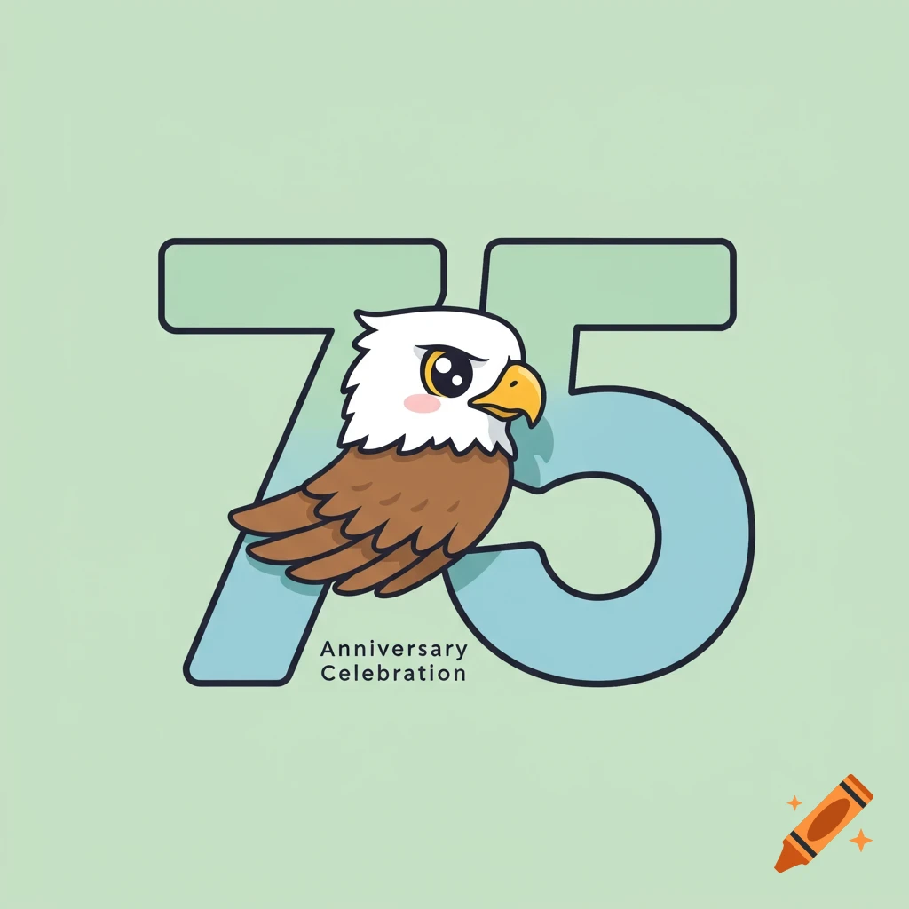 Cartoon logo of an eagle with the number 75 and text 'Anniversary Celebration'.