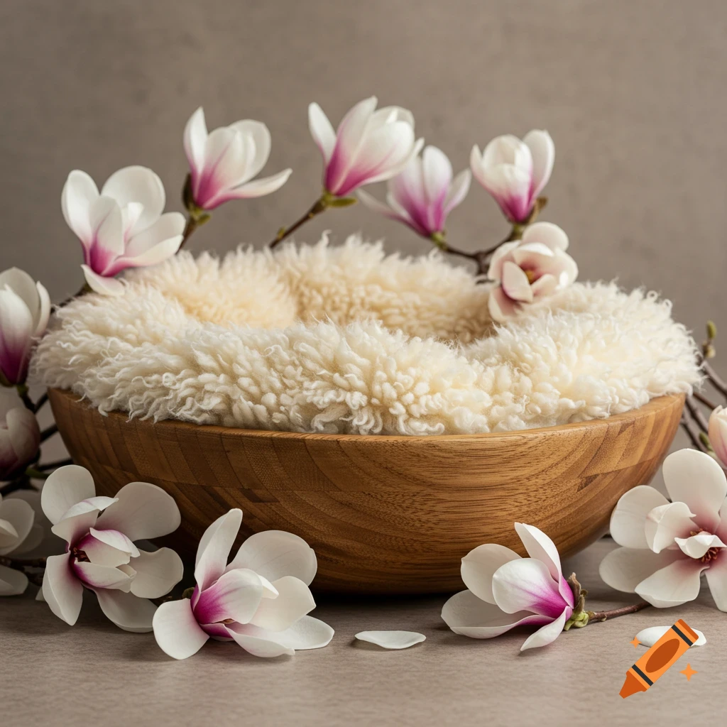 A wooden bowl with a fluffy white blanket, surrounded by pink and white magnolia flowers on a grey surface. Photorealistic.