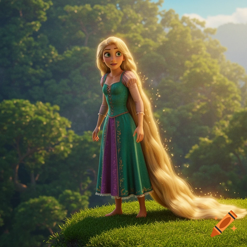 Cartoon character with very long blonde hair standing on a grassy hill overlooking a forest.