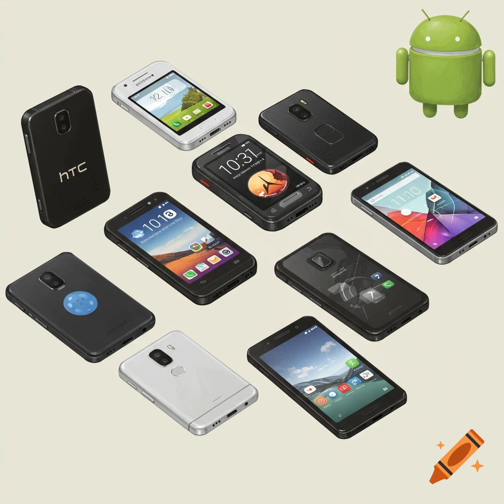 An isometric view showing several different models of Android smartphones and the Android mascot.
