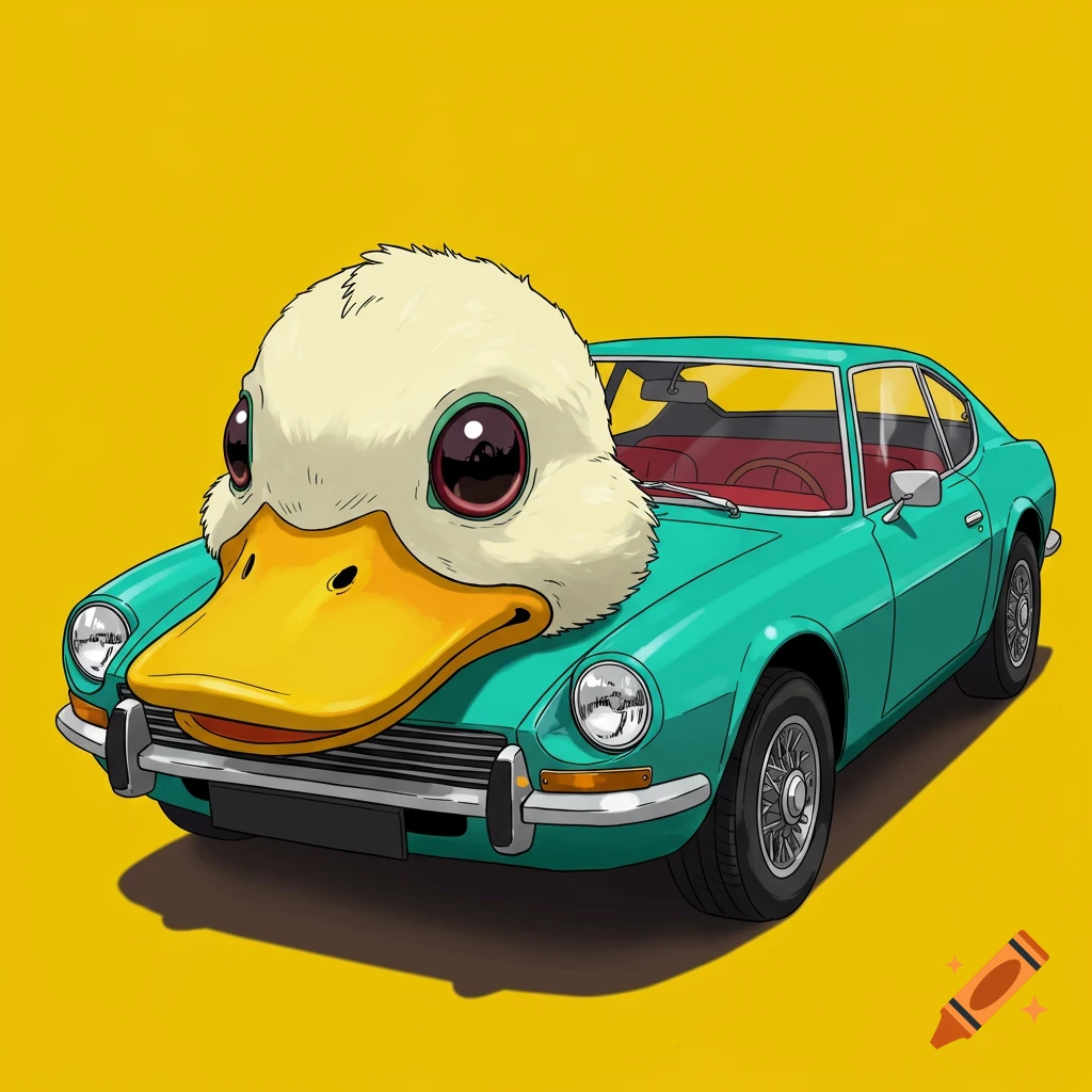 A teal classic car with a giant duck head attached to the front, on a bright yellow background, in a cartoon style.