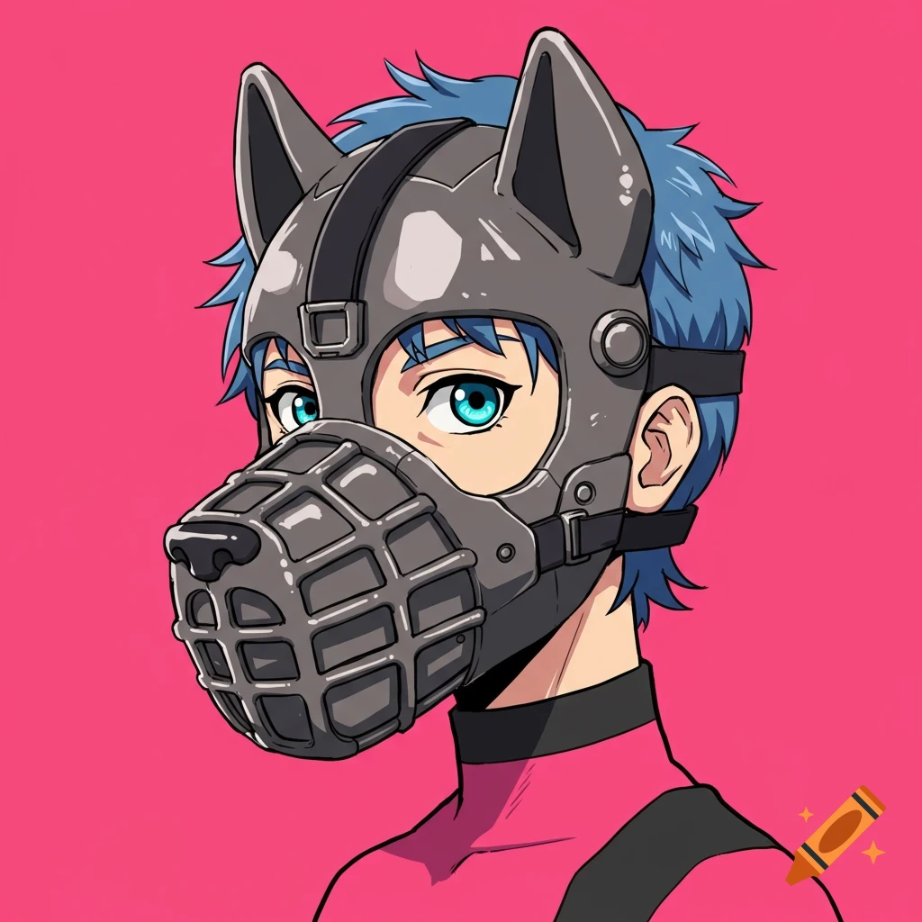 Anime style portrait of a person wearing a grey dog muzzle-like mask with ears on a pink background