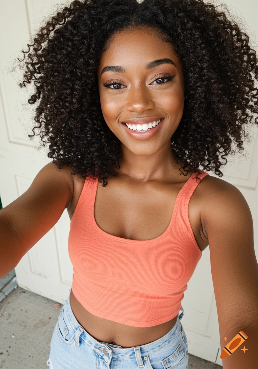 A smiling African American woman with curly hair takes a selfie wearing a peach crop top and jeans.