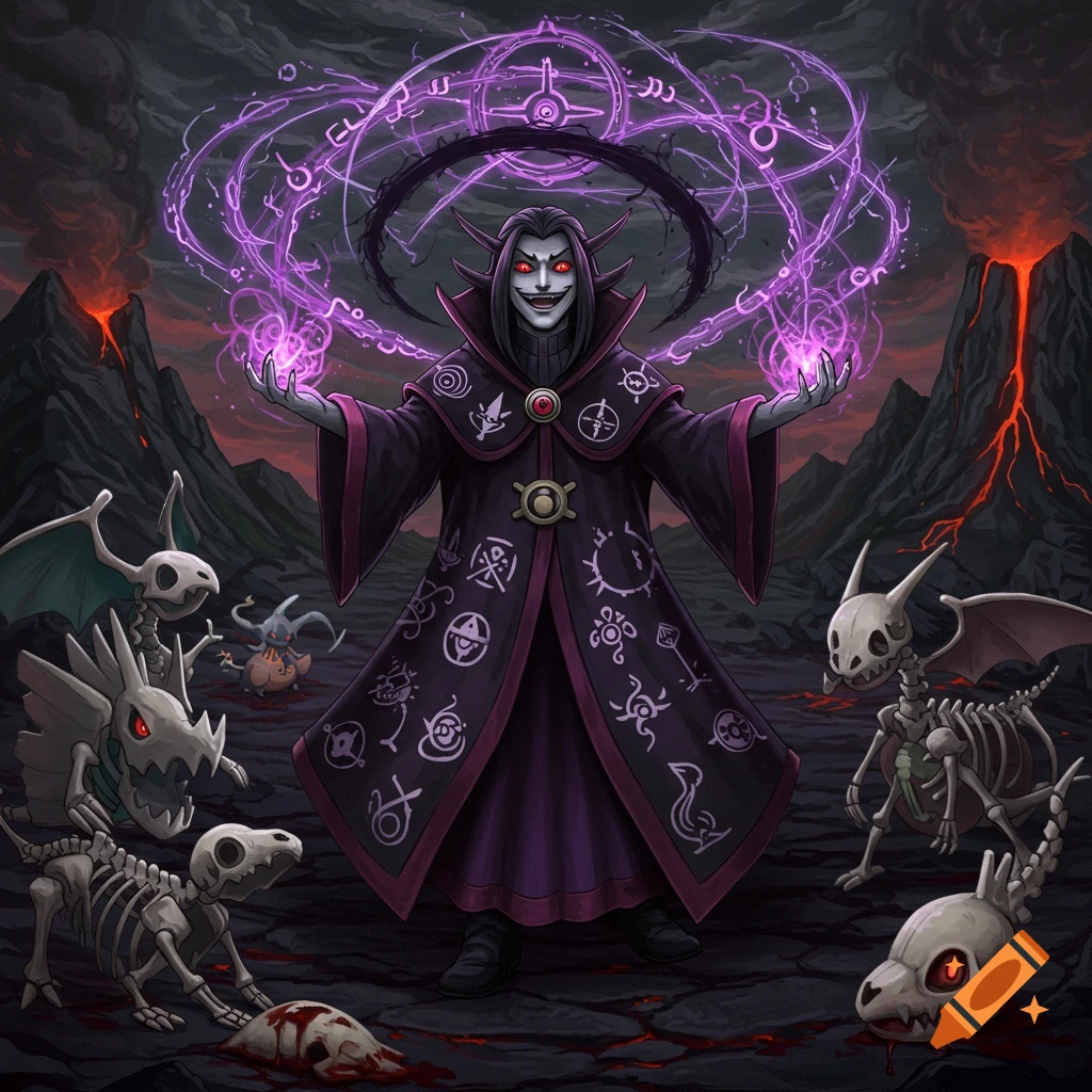 Evil wizard casting purple magic in volcanic landscape with skeletal Pokémon