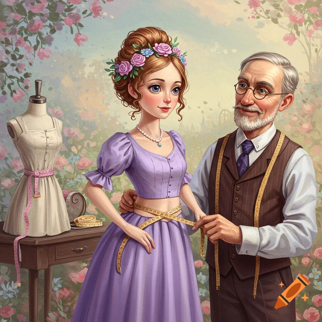 Illustration of a tailor measuring a woman's waist in a garden with a dress form.