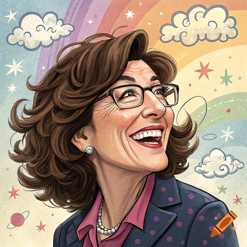 Colorful caricature illustration of a smiling woman in glasses and suit against a rainbow and star background.