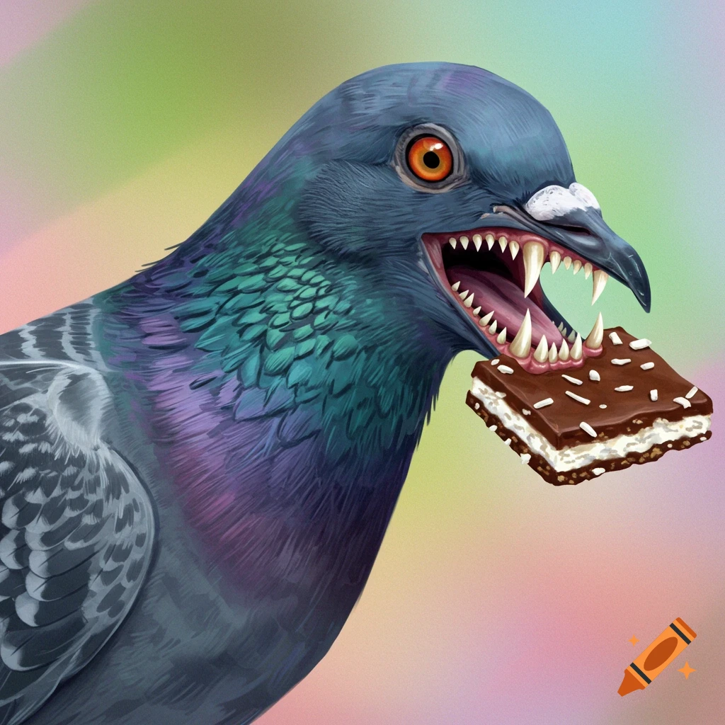 Illustration of a pigeon with sharp teeth eating a Nanaimo bar.