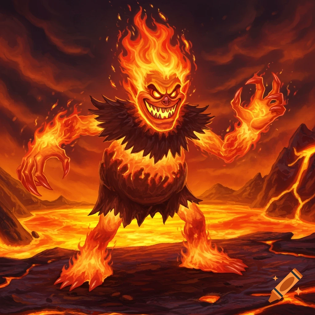 A fire creature with sharp teeth and claws stands in a landscape of lava and rock, illustrated in a dramatic style.