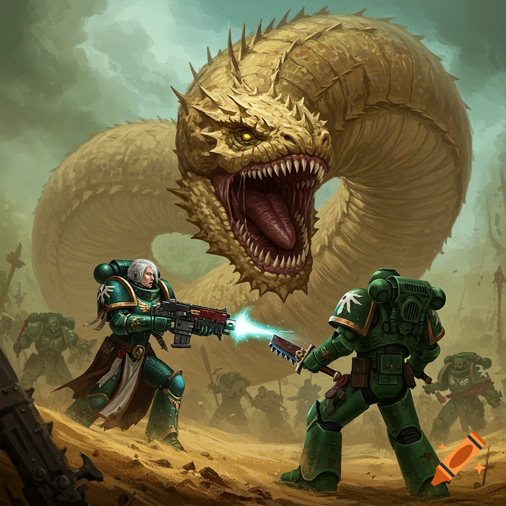 Two space marines fight a giant sandworm-like monster in a desert.
