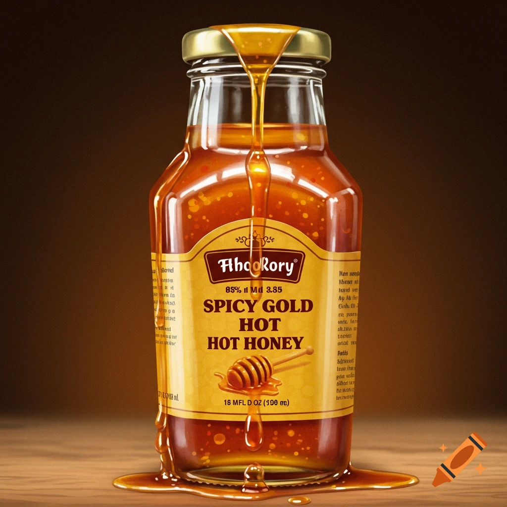 Photorealistic image of a bottle of spicy gold hot honey with honey dripping onto a wooden surface.