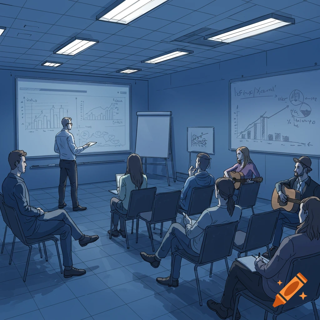 Digital sketch of a man giving a presentation in a dark conference room with people watching and playing guitars.