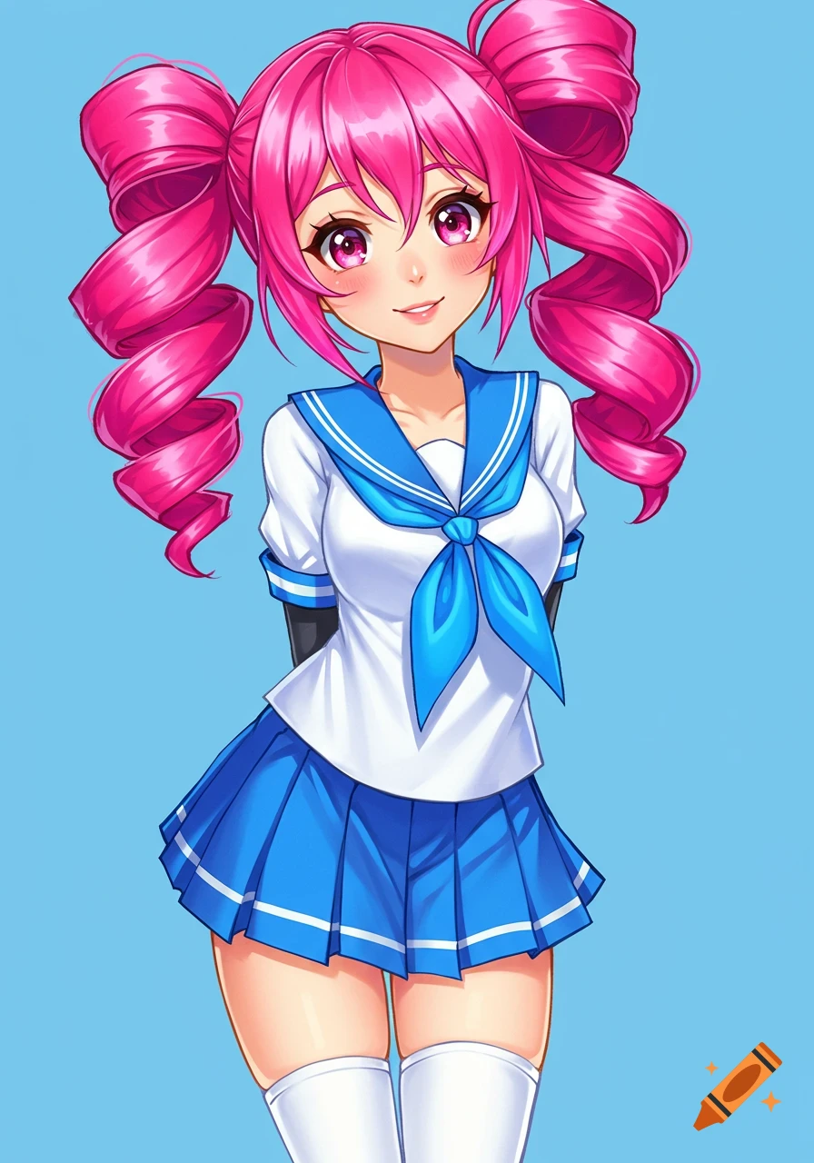 Anime portrait of a girl with pink drill pigtails wearing a school uniform