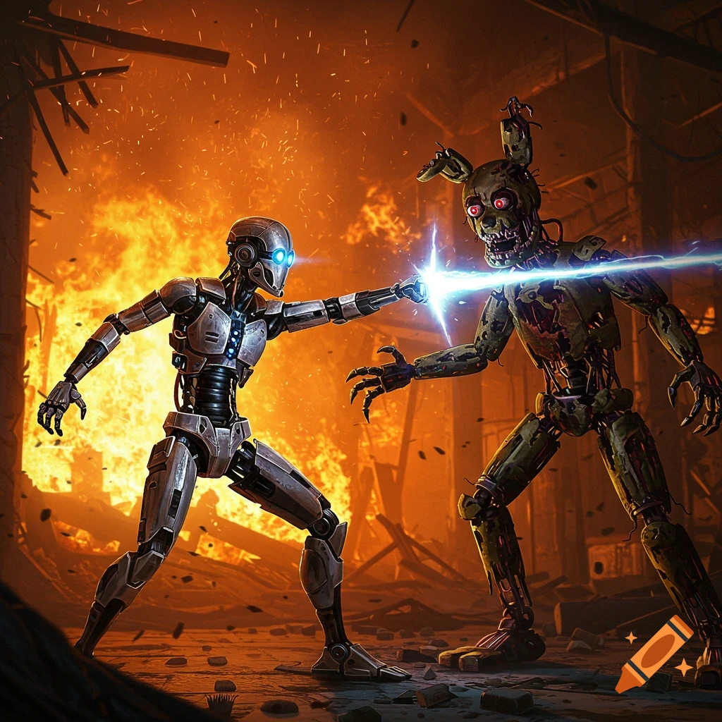 A humanoid robot battles a broken animatronic in a burning building.