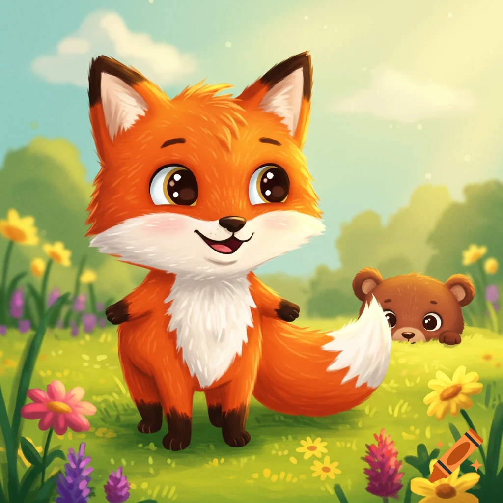 A cute cartoon fox stands in a field with a bear peeking from behind.