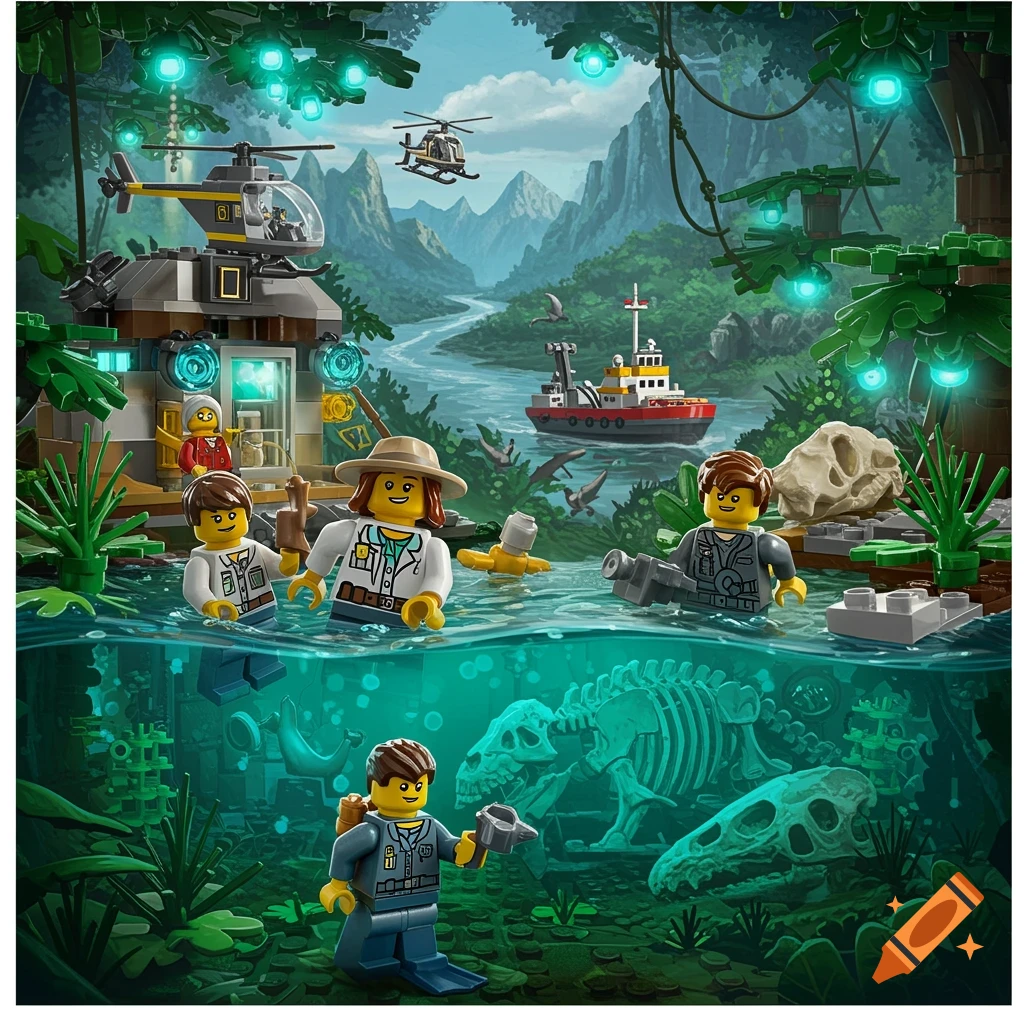 LEGO figures explore a jungle river scene with helicopters, a boat, and underwater dinosaur skeletons.