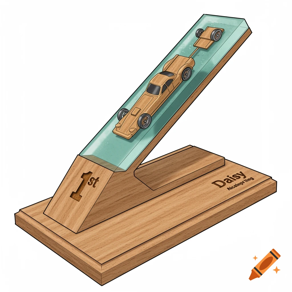 An illustration of a pinewood derby race trophy with a wooden car embedded in resin and '1st' and 'Daisy' carved on the base.