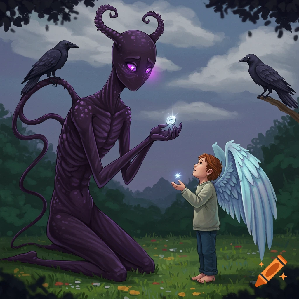 A tall, purple, skeletal fantasy creature with horns kneels and presents a glowing button to a child with white wings in a field, while two ravens watch.
