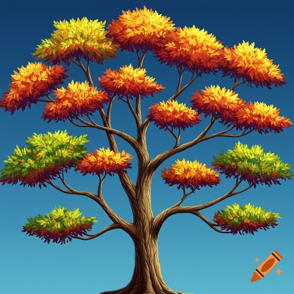 A stylized illustration of a tree with colorful autumn foliage against a blue sky.