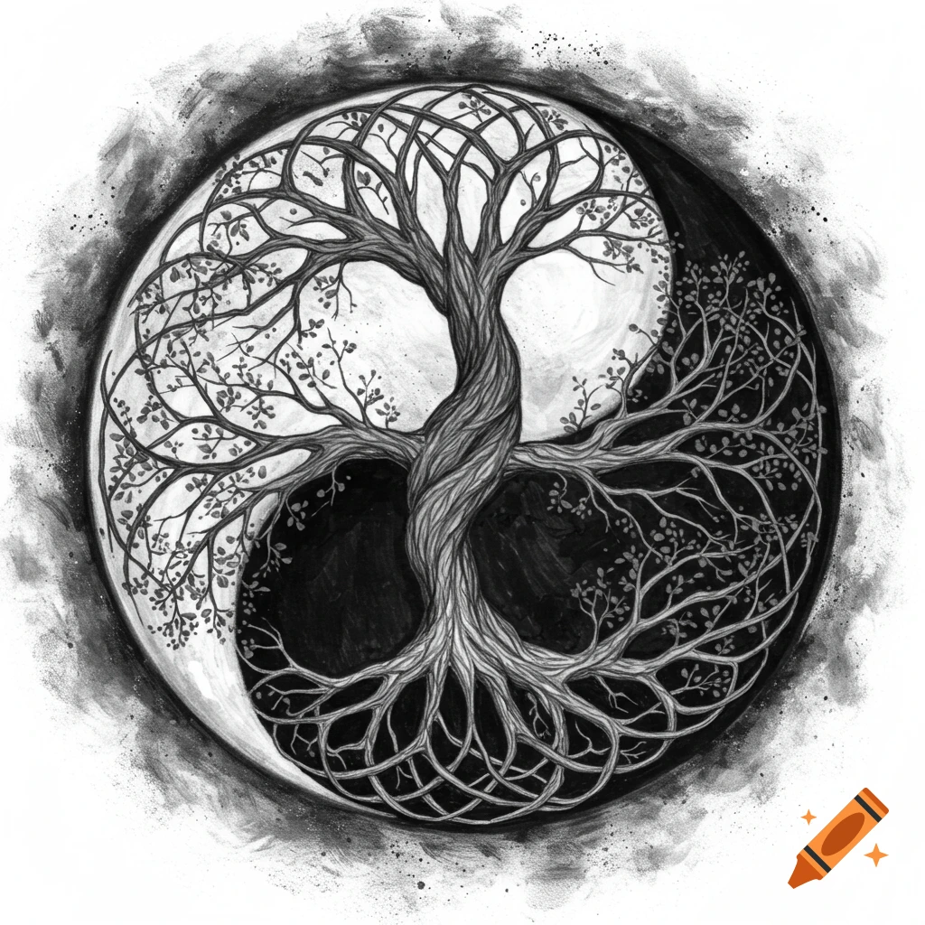 Black and white illustration of the Tree of Life within a Yin Yang symbol.