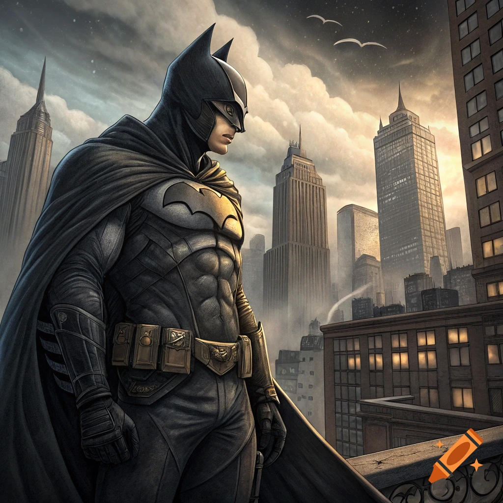 Batman stands on a rooftop overlooking a city skyline at dusk.