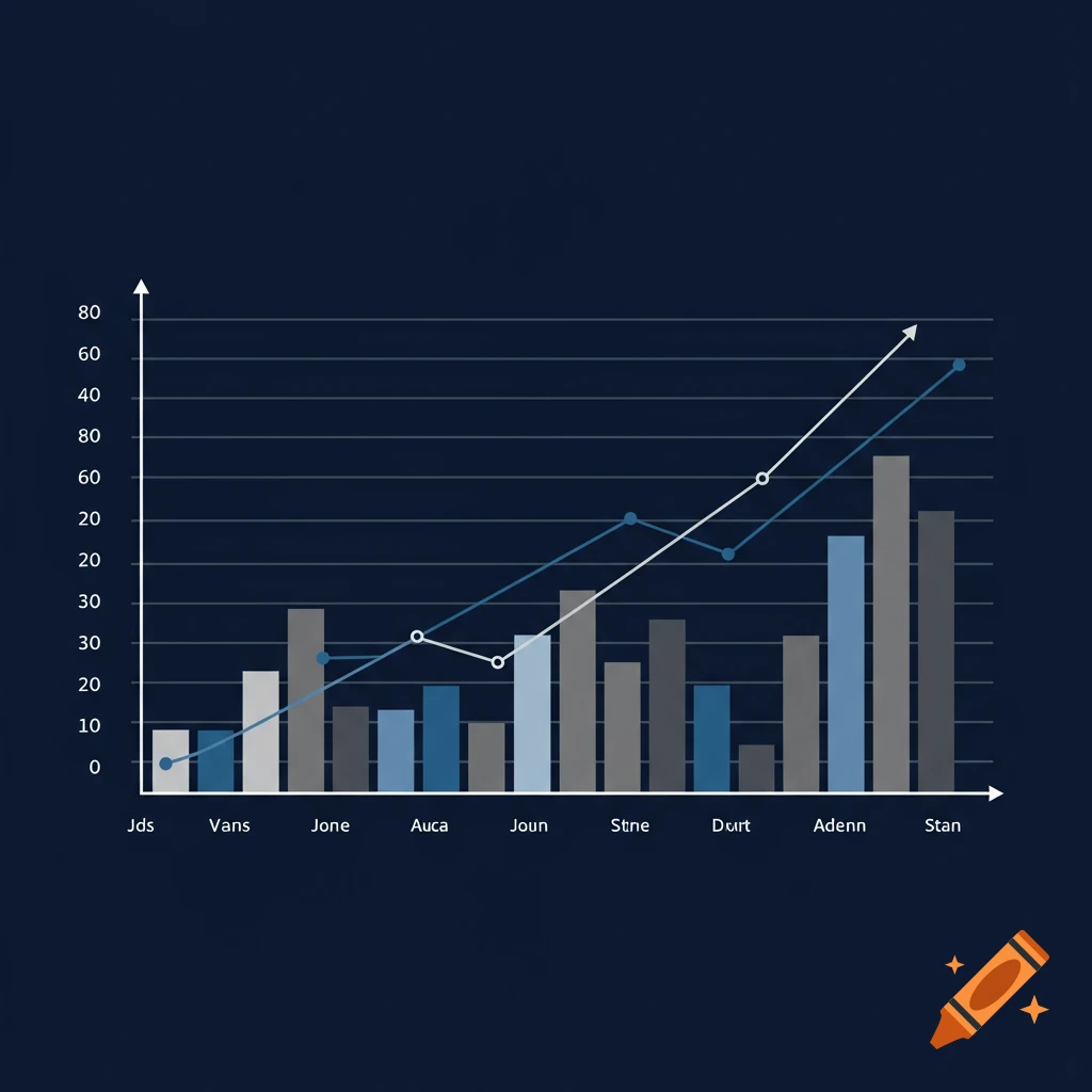A simple, clean bar and line chart on a navy background, showing data points plotted over time or categories.