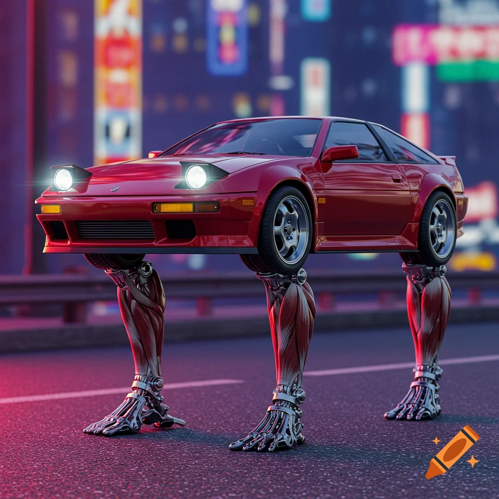 A red car stands on muscular, robotic legs on a road at night with a blurred city background.
