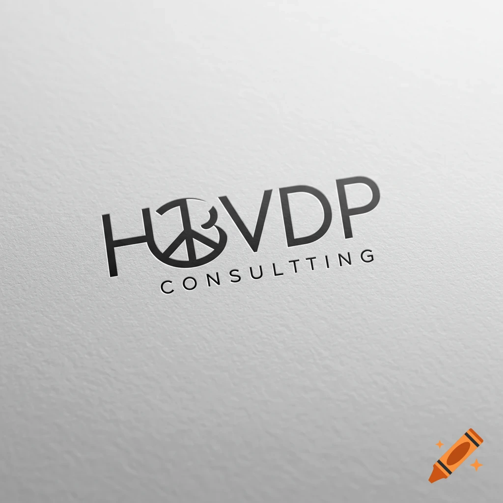 Logo for HBVDP consulting firm with text and peace symbol on textured paper.