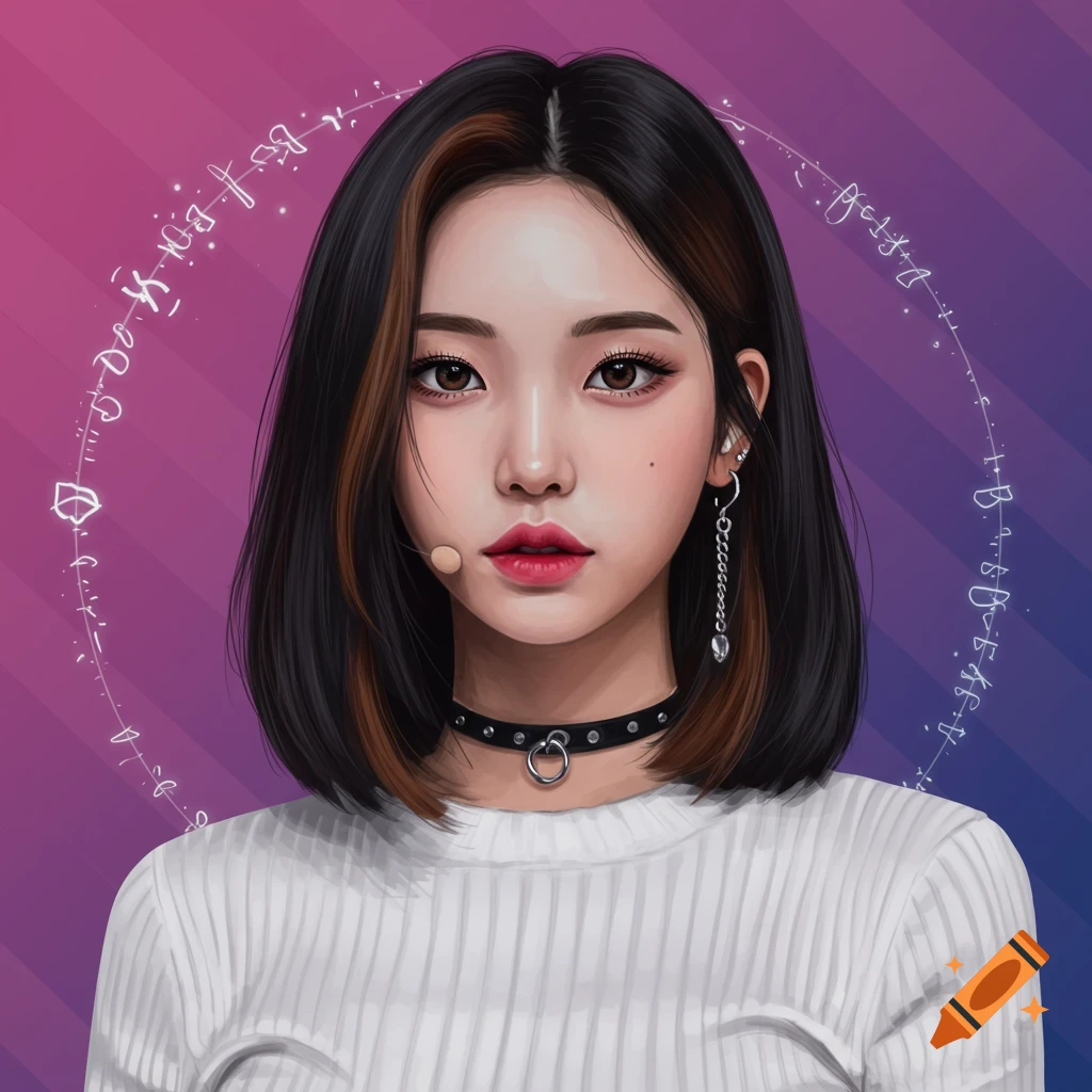 Digital art portrait of a woman with short dark hair, brown tips, choker, and decorative symbols.