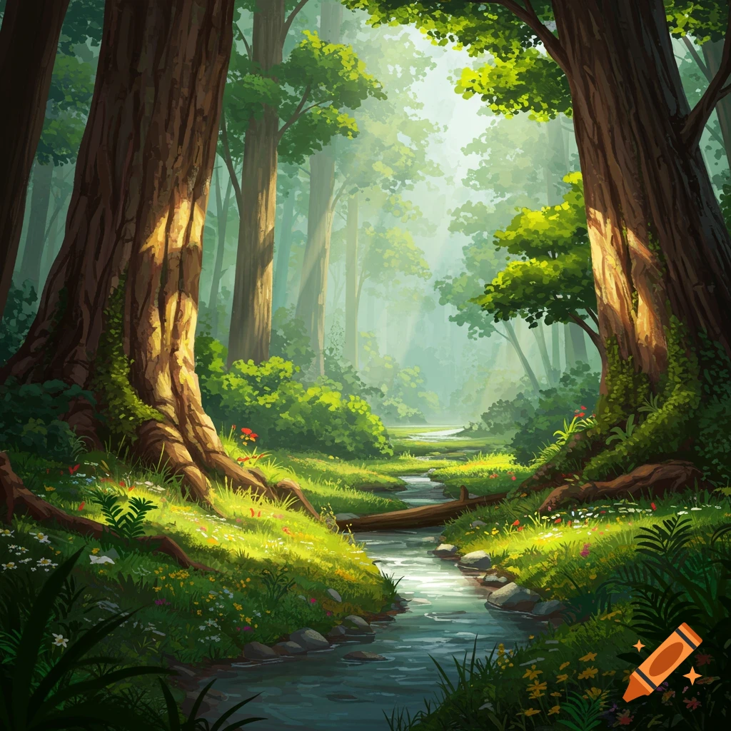 Vibrant illustration of a sunlit forest with a winding stream, tall trees, and lush foliage.